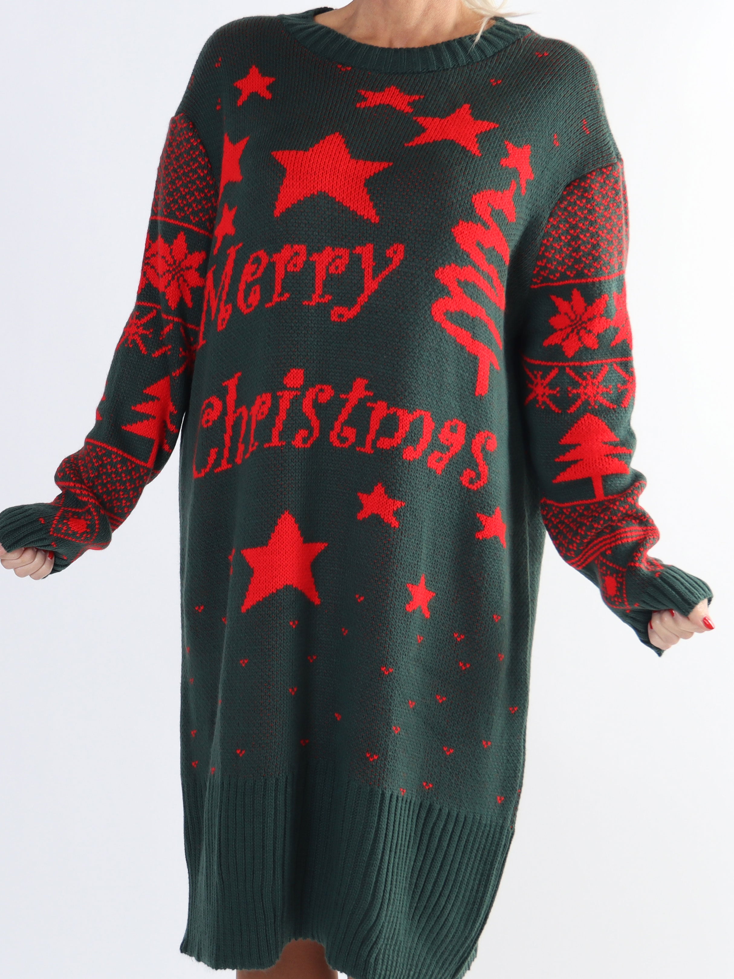 Christmas - Plus size julestrikkjole med merry christmas stående